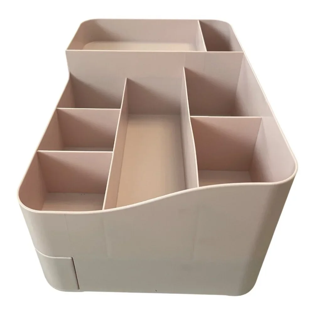 Multi-Compartment Desktop Organizer – Light Pink Plastic Storage Box with Drawer